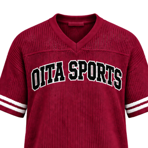 เสื้อเจอร์ซีย์คอวีถักลายทางสีเบอร์กันดี แขนสั้น ระบายอากาศได้ดี ทรงโอเวอร์ไซส์ สไตล์ลำลอง เหมาะสำหรับใส่เล่นกีฬาหรือเป็นเสื้อทีม - Product Image 3