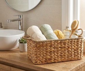 Natural Handwoven Water Hyacinth <b>Rectangular</b> <b>Storage</b> <b>Basket</b> with Side Handles for Home Organization Bathroom Kitchen and Pantry - Product Image 5