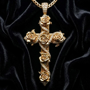 Collar con Colgante de Cruz de Rosa con Circonitas de Briva Jewels, para Hombre y Mujer, Estilo Hip Hop, Diamantes Simulados, Chapado en Oro y Plata, Religioso, Moissanita - Product Image 1