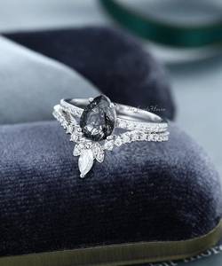 Vintage Unique Pear Black Rutilated Quartz Engagement <b>Ring</b> <b>Set</b> 14K White <b>Silver</b> Moissanite Marquise Diamond vintage <b>ring</b> bridal - Product Image 1