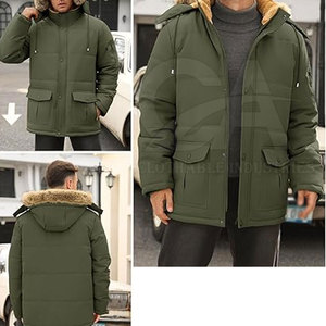 Veste d'hiver thermique pour homme avec logo personnalisé disponible en gros, directement de l'usine, manteau d'hiver pour homme avec capuche en fausse fourrure - Product Image 2