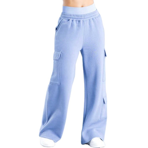 Pantalon cargo décontracté sportif rose uni taille haute coupe droite longueur entière pour femme avec poches et taille élastique, idéal pour l'été, 100 % polyester - Product Image 2