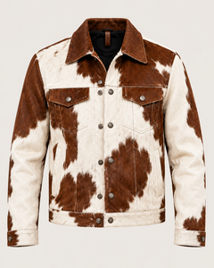 Veste en cuir de vachette à patchwork marron et blanc pour homme, col rabattu, boutons, veste décontractée - Product Image 3