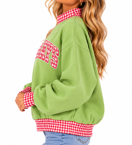 Custom <b>Women's</b> <b>Christmas</b> <b>Sweatshirt</b> Oversized Mock Neck Pullover Red Gingham Plaid Trim Embroidered Letter Casual Winter - Product Image 6