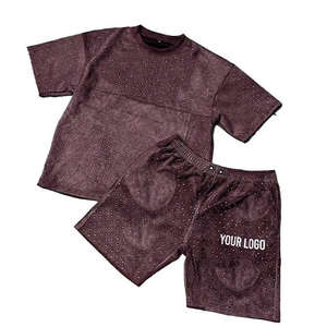 T-shirts imprimés personnalisés style streetwear avec strass sur toute la surface, ensemble tendance de shorts en velours à manches courtes pour l'été - Product Image 6