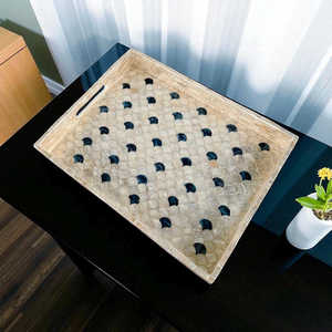 Mother of Pearl Inlay Serving Tray with Fish Scale Pattern, Rectangular MultipurposeTray with <b>Handle</b>, Ideal Gifts - Product Image 1