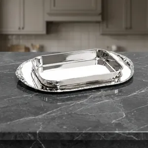Bol à chocolat rectangulaire élégant en argent, accompagné d'un plateau assorti, doté de poignées latérales décoratives élégantes pour le service - Product Image 5