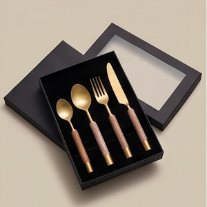 Ensemble de 4 couverts en acier inoxydable poli miroir doré avec poignées en marbre, pour la cuisine et la table (fourchette, cuillère, couteau) - Product Image 6