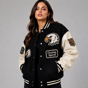 Veste de sport Oxytag, style varsity, noire et crème, avec broderie animale, manches longues, coupe classique, pour femme, vêtements d'automne, prix avantageux - Product Image 1