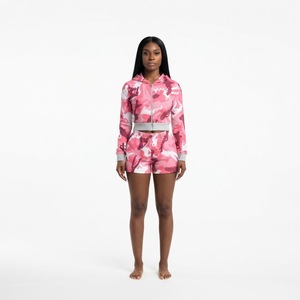 Conjunto deportivo de 2 piezas para mujer, sudadera con capucha y cremallera rosa camuflada y pantalones cortos - Product Image 4