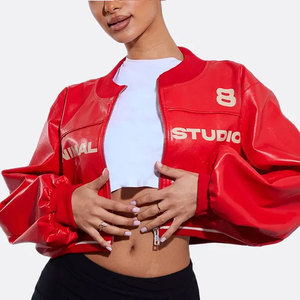 Blouson bomber rouge en PU pour femme, style streetwear, coupe courte, fermeture éclair, col rabattu, imprimé lettres, coupe ajustée, mode automne - Product Image 6