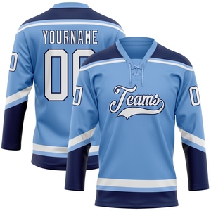 Maillot de hockey à col lacé bleu clair et blanc-marine, personnalisé, de qualité supérieure, le plus vendu en gros, directement de l'industrie - Product Image 1
