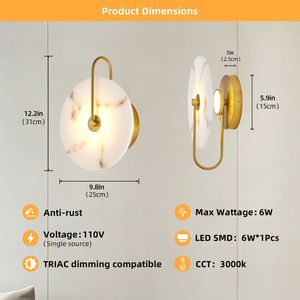 Applique da Parete in Alabastro con Paralume in Marmo Naturale, Lampada Circolare Moderna a LED con Cablaggio Integrato per Camera da Letto - Product Image 3