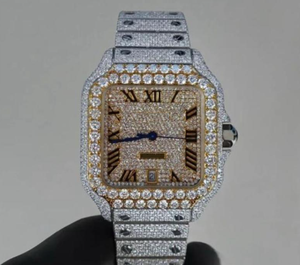 Montre automatique de luxe Hip Hop vintage, cadran pavé de diamants, lunette bicolore, chiffres romains, fenêtre de date, mécanique - Product Image 3