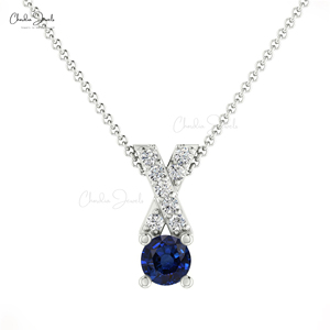 Proveedores Mayoristas de Primera Calidad, Colgante de Zafiro Azul Natural de 5mm con Engaste de Puntas en Forma de X, con Diamante en Oro Sólido de 14k, Colgante Minimalista - Product Image 2