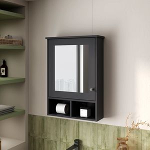Armadietto da Bagno Nero con Anta e Specchio Incluso - Product Image 1