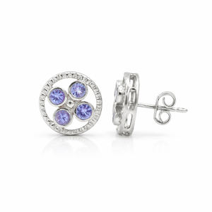 Pendientes de Plata de Ley 925 con Tanzanita y Flor de Geranio, Bañados en Oro, con Círculo Punteado y Diseño Floral con Piedras Preciosas - Product Image 4