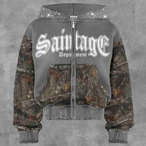 Hoodie court zippé personnalisé style streetwear hiver, coupe ample, délavé soleil, strass, délavé à l'acide, style gothique, high street, hip hop, français - Product Image 5