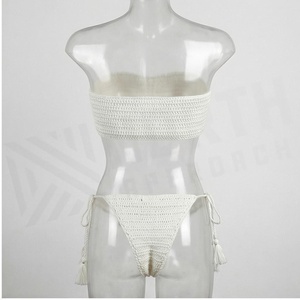 White Crocheted Bandeau Bikini Set Women 2 Piece Solid Stretch Thong Bottom Swimwear - Product Image 2