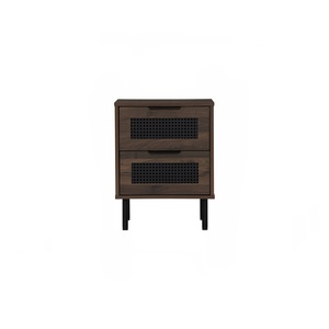 Modern Nordic Walnut Finish 2 Nighstand Drawer Narrow <b>Side</b> <b>Table</b> with Rattan Design and Sturdy Metal Legs for Bedroom and Home - Product Image 5