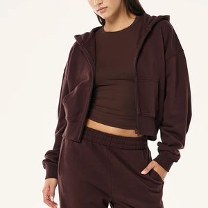 Factory Wholesale New Fashion Women's <b>Cropped</b> <b>Zip</b>-<b>Up</b> <b>Hoodie</b> Casual Sporty & Versatile Solid Color Sweatshirt - Product Image 5