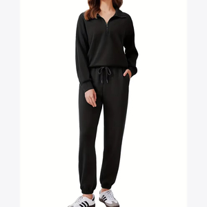 Sudadera con capucha y media cremallera para mujer, de color liso, manga larga, ajuste regular, 100% algodón, de secado rápido, transpirable, conjunto deportivo de invierno - Product Image 1