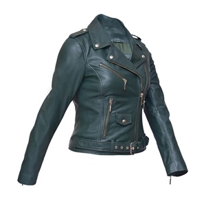 Veste moto en cuir véritable pour femme, couleur unie, manches longues, fermeture éclair, col ouvert, style automne - Product Image 5