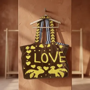 <b>Vintage</b> Velvet Embroidered Tote Bag Women LOVE Letter Hearts Birds Daily Shoulder <b>Handbag</b> - Product Image 2