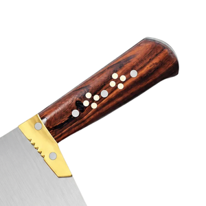 Couteau de boucher en acier inoxydable argenté avec manche en bois brun et bolster doré, lame large pour couper la viande en cuisine - Product Image 6