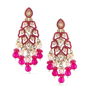 Boucles d'oreilles pendantes Kundan pour femmes, plaquées or, en alliage de zinc, zircon, imitation perle rose, style bohème, pour mariage, Chine - Product Image 4