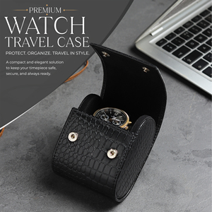 WRIZA Étui à montre simple en cuir véritable pour hommes et femmes |   Organisateur de montres de voyage avec doublure en daim doux, fermeture à pression, noir - Product Image 2