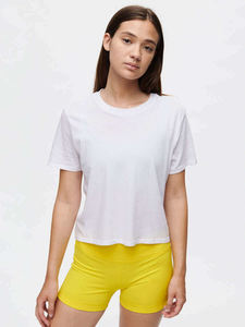 Women <b>White</b> Short Sleeve Crew Neck <b>Crop</b> T-Shirt Solid Color Loose Fit Casual Summer 100% Cotton Jersey <b>Top</b> - Product Image 6