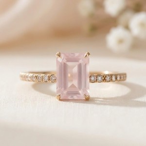925 Sterling <b>Silver</b> Classic Natural Rose Quartz <b>Emerald</b> Cut Handmade <b>Ring</b> for Wedding Engagement Anniversary or Party Gift - Product Image 3