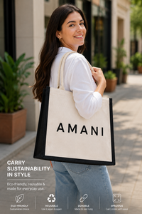 กระเป๋าผ้าแคนวาส AMANI ขนาด 16x14x6 นิ้ว สีเบจ พร้อมหูหิ้วผ้าฝ้ายสีดำ - Product Image 5