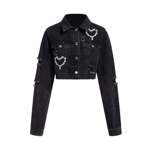 New Arrival Distressed Denim Jacket Raw Edge Cropped Denim <b>Coat</b> Heart Embroidery Long Sleeve Casual Outerwear Jacket - Product Image 1