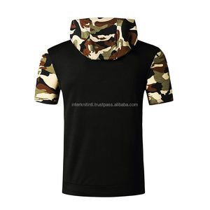 Sweat à capuche décontracté pour homme, en polaire, style streetwear, couleur unie, avec empiècements en coton, motif camouflage, manches courtes - Product Image 2