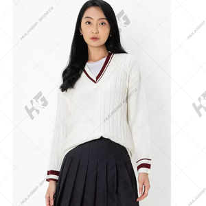 Cárdigan Blanco de Cuello Redondo para Mujer con Rayas Marrón y Logotipo Frontal Informal en el Pecho - Product Image 1