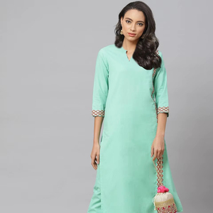 Conjunto de Ropa para Mujer, Kurta Recta Bordada en Algodón, Color Verde Mar, Venta al Por Mayor, Estilo Étnico Tradicional, Informal, Festivo, para Verano - Product Image 1