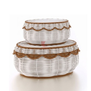 Cesta de almacenamiento de mimbre festoneada con tapa, estilo bohemio, forma redonda para organizar artículos diversos, 2 capas, blanco y marrón - Product Image 3
