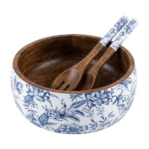 ชุดชามสลัดไม้ทำมือพร้อมช้อนเสิร์ฟ ชามผสมขนาดใหญ่ 12 นิ้ว สำหรับผลไม้และพาสต้า ลายพิมพ์เคลือบสีน้ำเงินซิกแซกทันสมัย - Product Image 2