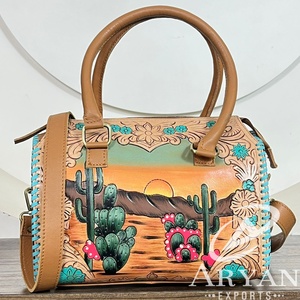 Bolso de Viaje Elegante de Cuero Vacuno Genuino Estilo Western 2026, Modelo Speedy Mediano con Patrón Cactus Sunset, Bolso de Fin de Semana Unisex - Product Image 1