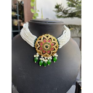 Green Gold Alloy Choker <b>Set</b> With Pearl And Emerald Drops For Women Bridal Wedding Ethnic Jewelry - Product Image 3