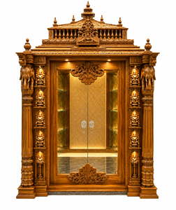 Luxury Handcrafted Traditional Design Durable Hindu Prayer Temple Cabinet Hand Carved Pooja <b>Mandir</b> Elephant Pillars Custom Wood - Product Image 3