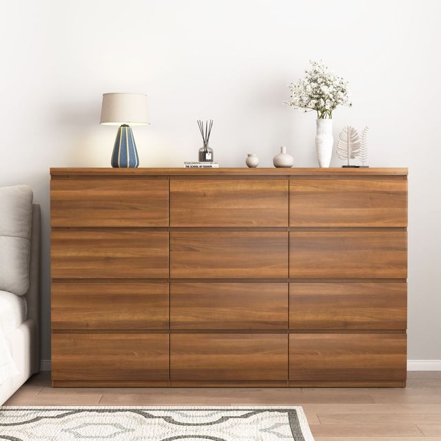 Modern Walnut Wood 12-Drawer Double Dresser with Large Storage Space for Bedroom