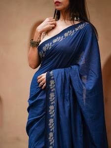 Sari traditionnel en coton bleu pour femmes - Vêtement ethnique de haute qualité, infroissable, protection solaire pour mariages, festivals, fêtes - Product Image 3