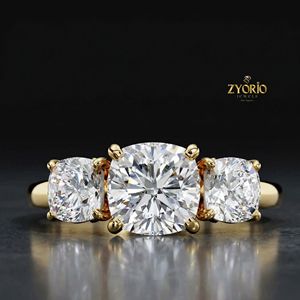 Round Cut Three Stone Engagement <b>Ring</b> in 18K Gold Luxury Trilogy <b>Statement</b> <b>Ring</b> - Product Image 2