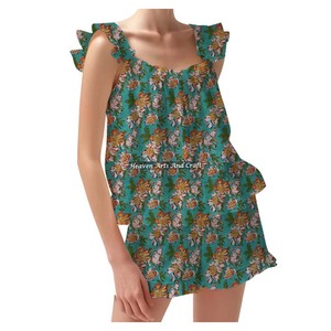 New Arrival Hand Block Floral Print Shorts Pajama Set Spring/Summer Floral Fitted Strappy Ruffle <b>Trim</b> Sleeves PJ Set - Product Image 6