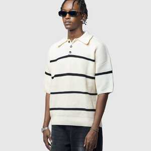 Men's <b>Waffle</b> Knit Striped Short Sleeve <b>Shirt</b> Contrast Stripe Custom Logo Embroidery Back Neck OEM ODM Wholesale 100% Polyester - Product Image 4