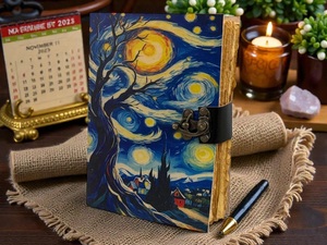 Herb Heritage Tree <b>Life</b> Starry Night Handmade Blue Buffalo Leather <b>Journal</b> Grimoire Van Gogh Art Cover 200 Sheets Embossed Logo - Product Image 6