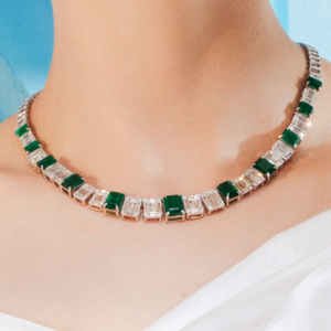 18K White Gold Emerald and Diamond Tennis Necklace VVS1 Clarity IGI Certified - Product Image 1